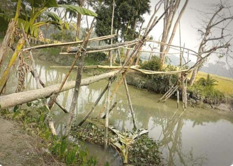 বাঁশের সাঁকো পাড়াপাড়ে সীমাহীন ভোগান্তি। বাঁশের সাঁকো পাড়াপাড়ে সীমাহীন ভোগান্তি।